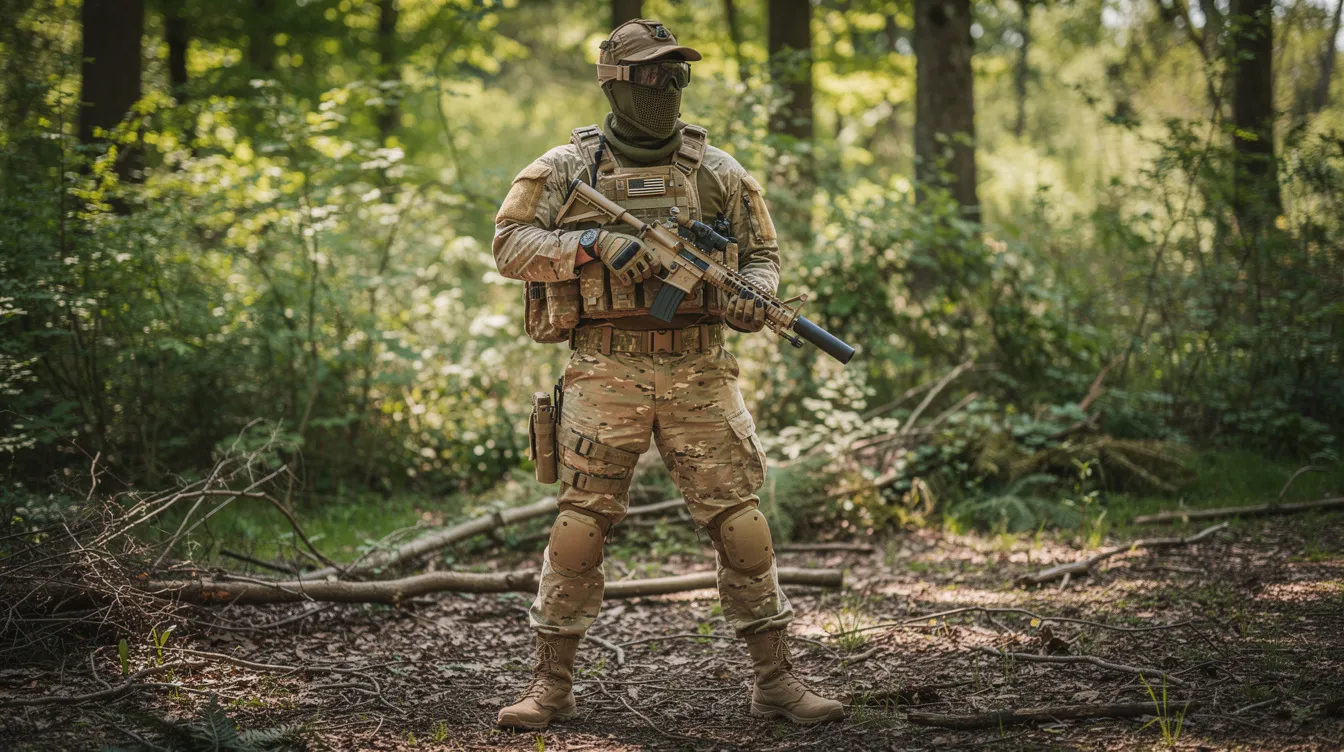 The image shows a person fully equipped in airsoft tactical gear, including a vest and goggles, while holding an airsoft rifle in an outdoor woodland field. This setup highlights the essential airsoft equipment for enthusiasts, perfect for beginners looking to engage in the airsoft world.