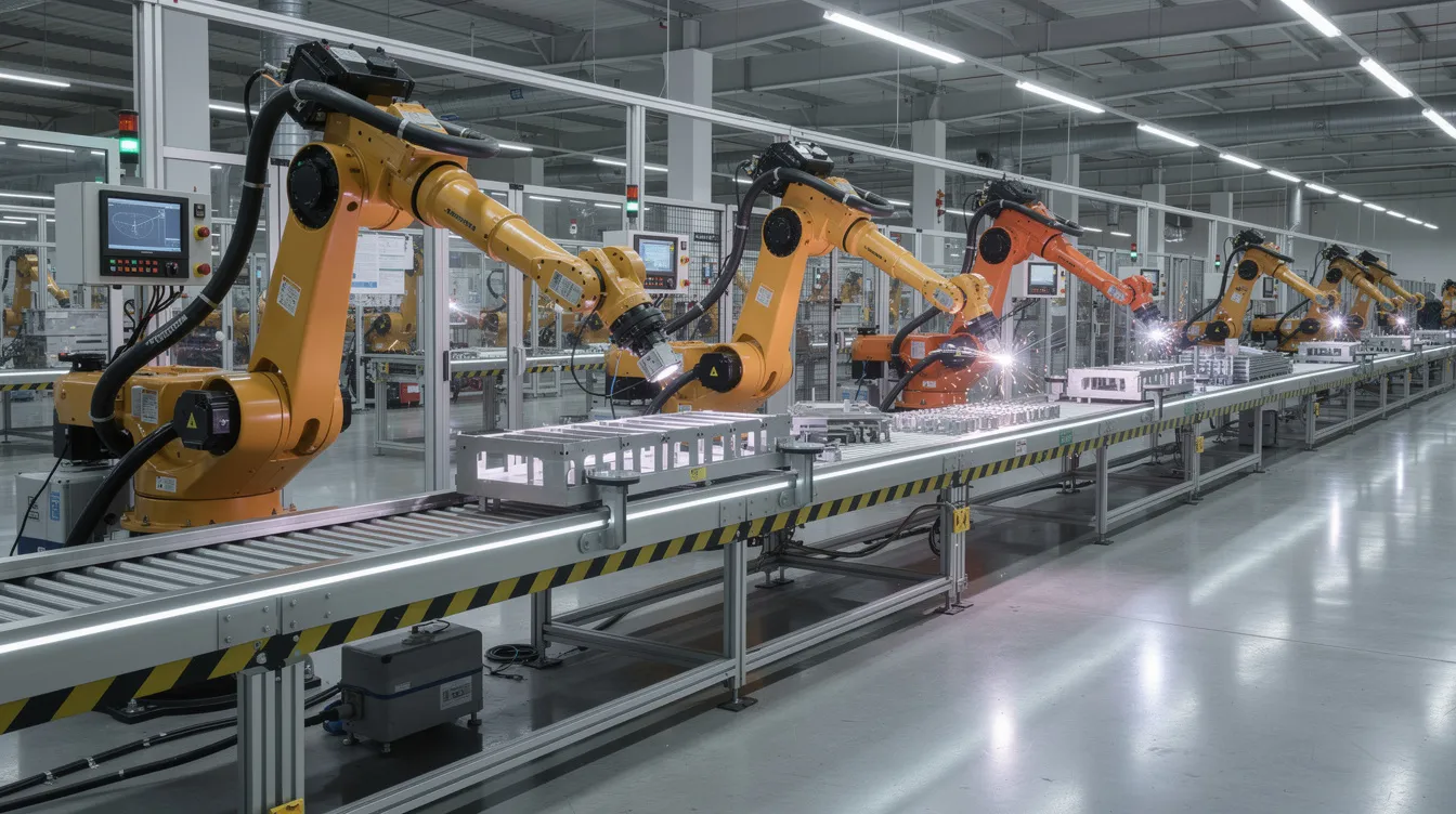 0806045d 7294 497b 8190 c4365aafd675 The image depicts robotic arms efficiently working on an automated assembly line within a modern manufacturing facility, showcasing advanced manufacturing processes that cater to various industries. This scene highlights the integration of technology in the manufacturing sector, reflecting the rising demand for efficient production and quality control in today's competitive market.