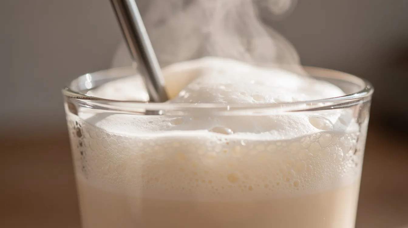 Eine Nahaufnahme zeigt heiße Milch, die in ein Glas geschäumt wird, wobei cremiger Milchschaum und aufsteigender Dampf sichtbar sind. Dieses Bild vermittelt den Genuss und die Zubereitung von Kaffeespezialitäten wie Latte Macchiato und Cappuccino, die für ihre unterschiedlichen Schichten und Aromen bekannt sind.