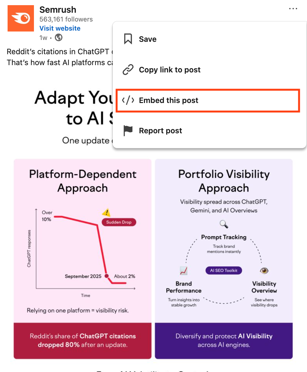 Step 3 of embedding a LinkedIn post on a website natively
