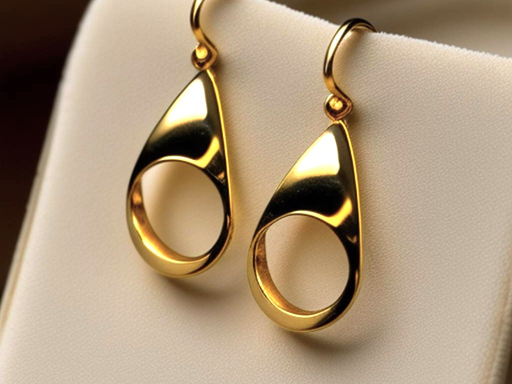 A close-up of shiny gold earrings with an abstract, empty hole in the middle, hung on a light-colored jewelry cushion.