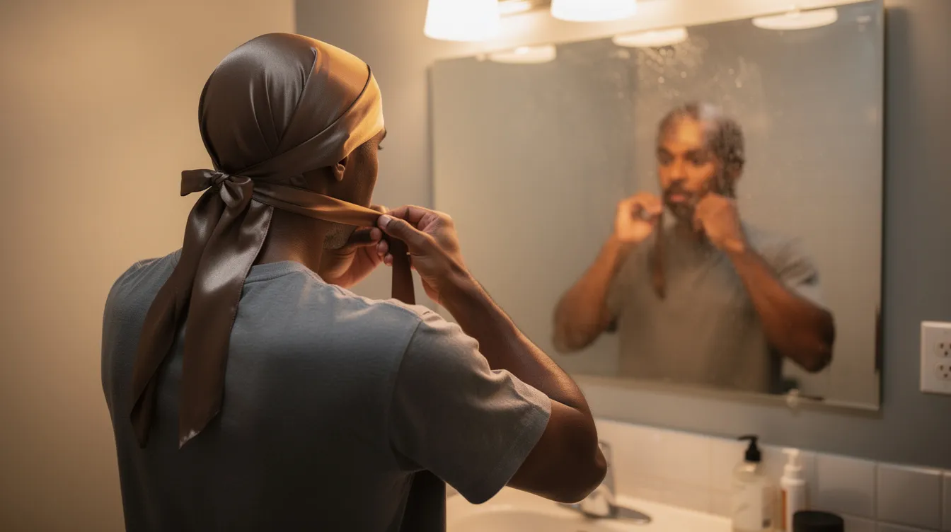 Une personne ajuste les lanières d'un durag en satin devant un miroir, mettant en valeur son style et sa coiffure. L'image capture l'attitude confiante de cette personne, qui utilise cet accessoire de mode pour protéger ses cheveux et afficher ses vagues.