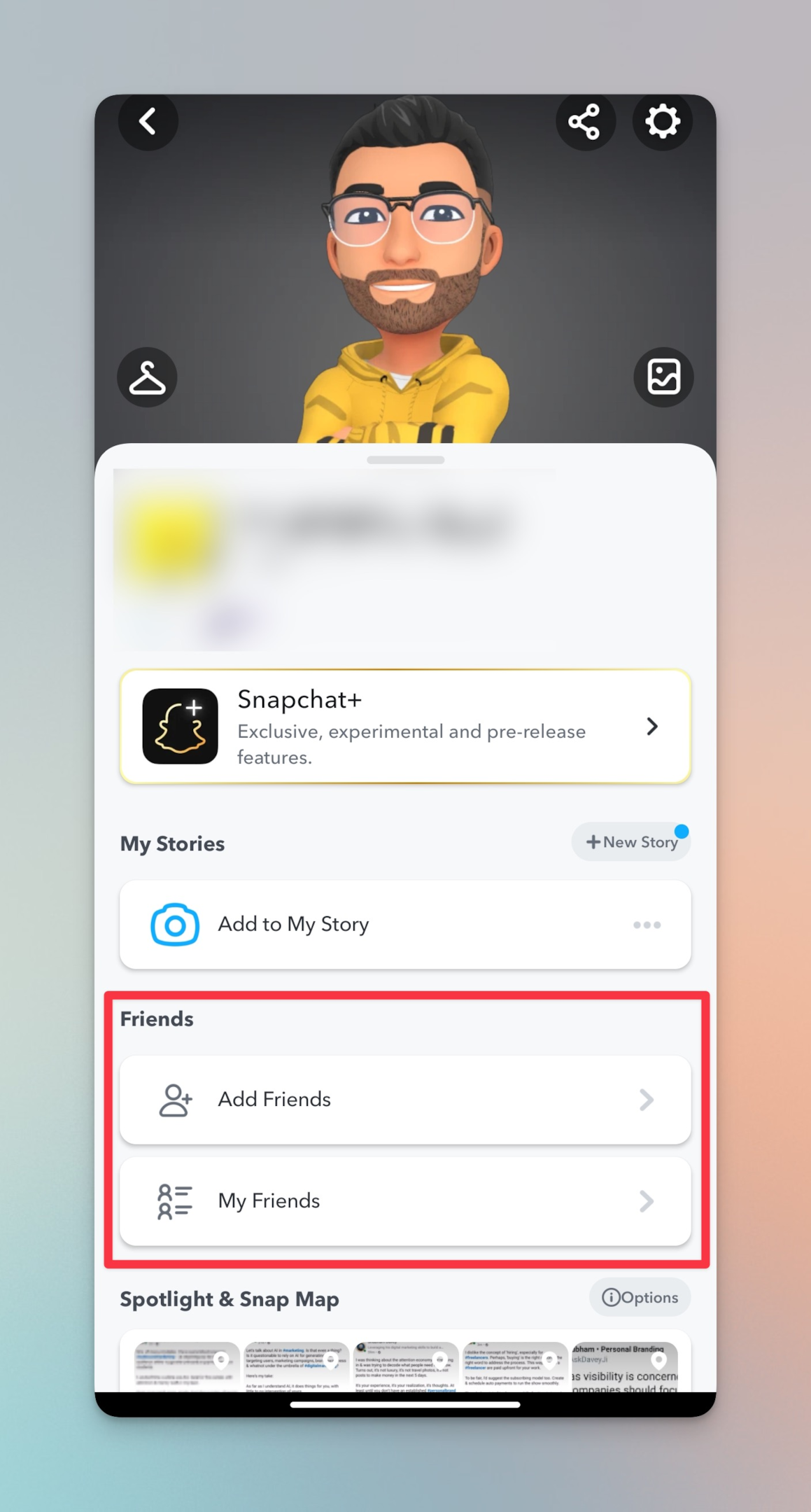 Remote.tools highlights the Friends section of a snapchat profile to see your friends list on Snapchat