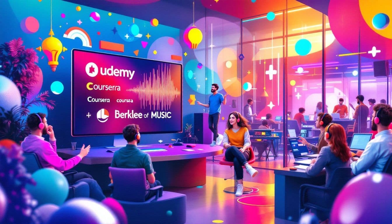 A collage of online learning platforms offering audio engineering courses.