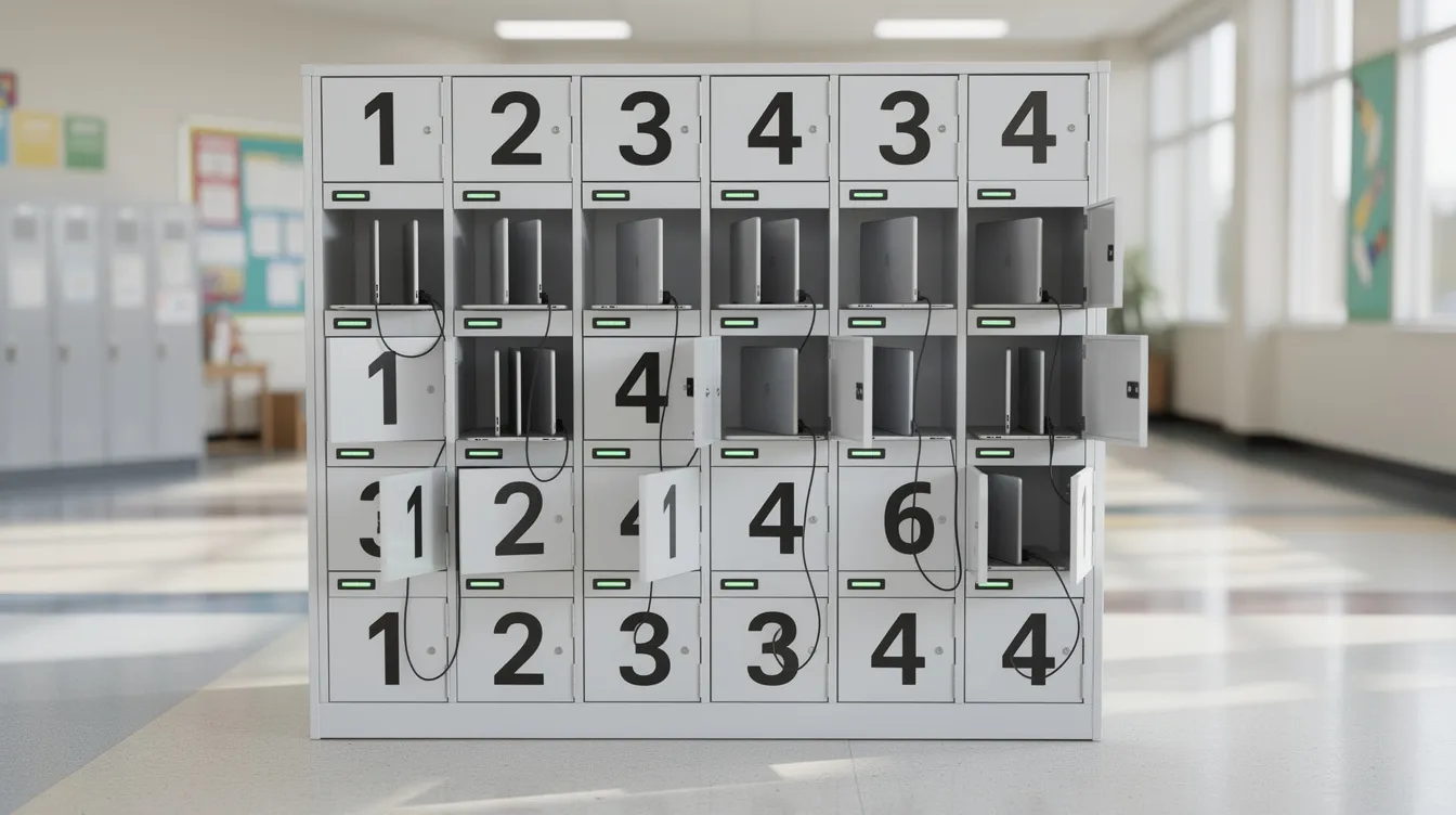 The image depicts a Chromebook charging locker in a school setting, featuring individually numbered bays for secure storage. This setup aids in managing user access and maintaining audit trail records for compliance with regulatory requirements.