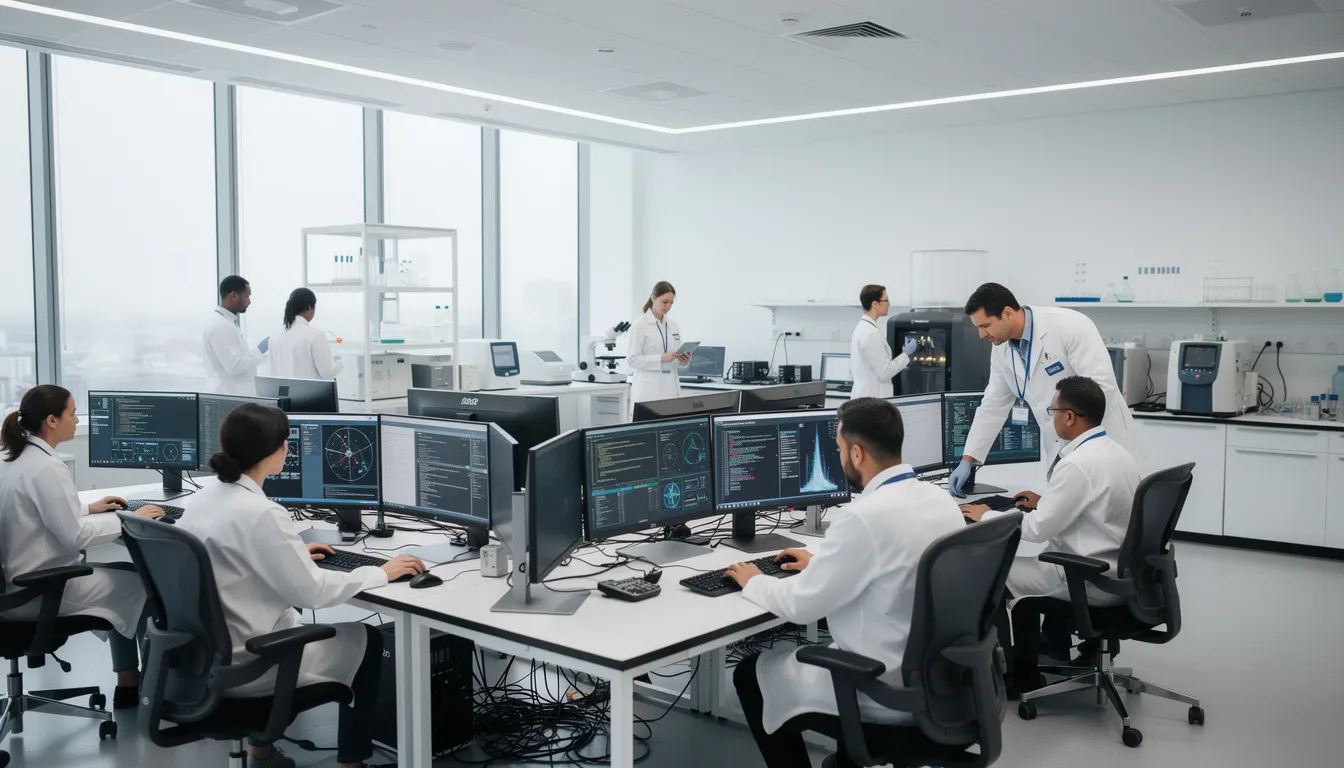 The image depicts a modern research laboratory where scientists are focused on their work at computer stations, likely engaged in studies related to human clinical trials and cellular health. This setting emphasizes the ongoing research into biological age and the development of therapies aimed at reversing age-related decline, such as gene therapy and NMN supplementation.