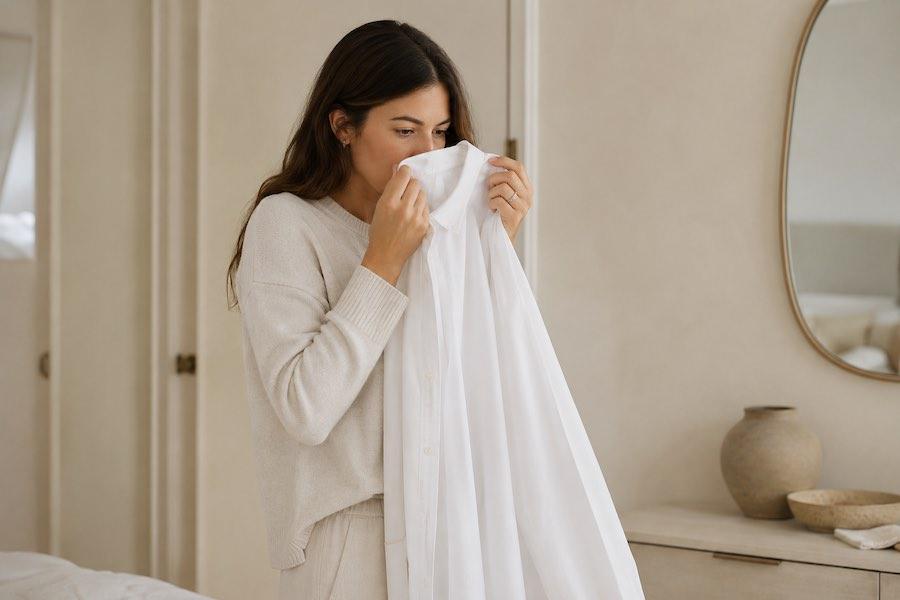 Woman smelling Formaldehyde in Clothing