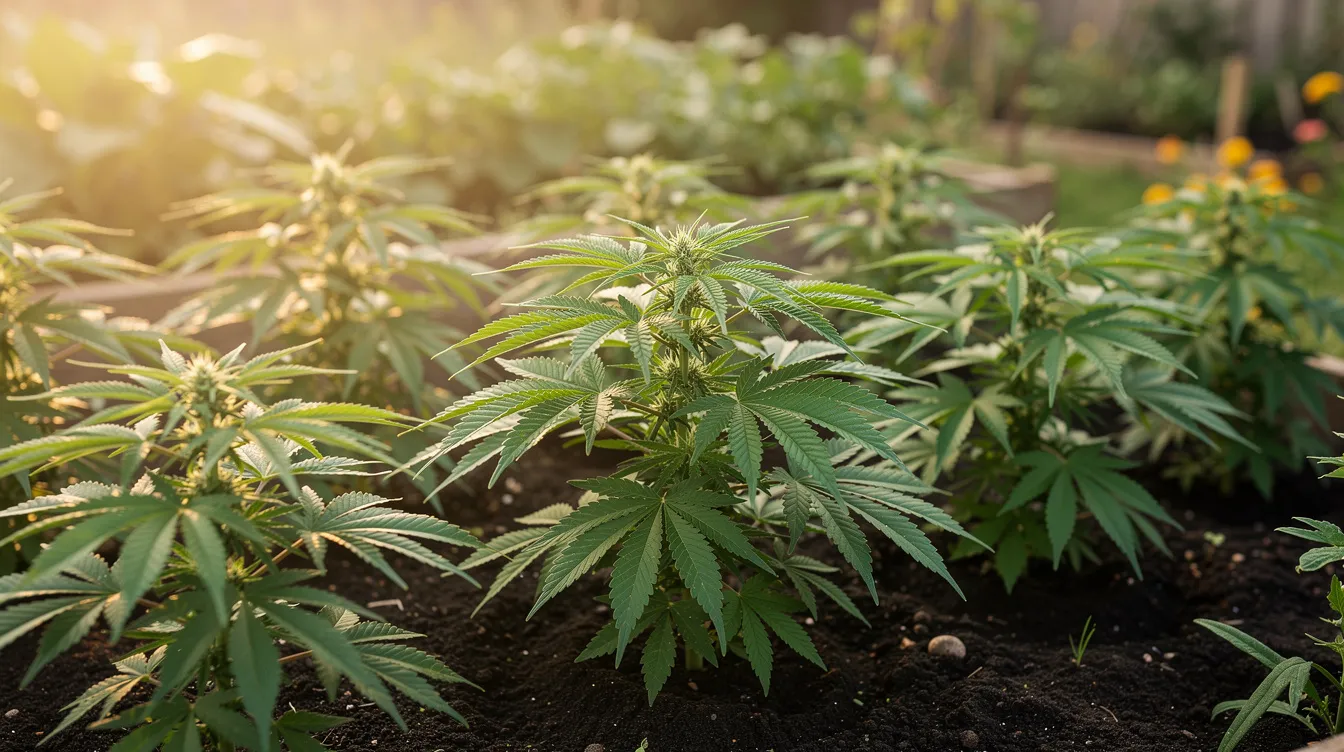 The image shows lush green cannabis plants, specifically cannabis sativa, thriving in a garden setting illuminated by soft natural light. This outdoor cultivation highlights the plants' vibrant leaves, emphasizing the growth of hemp and its potential use in hemp derived products.