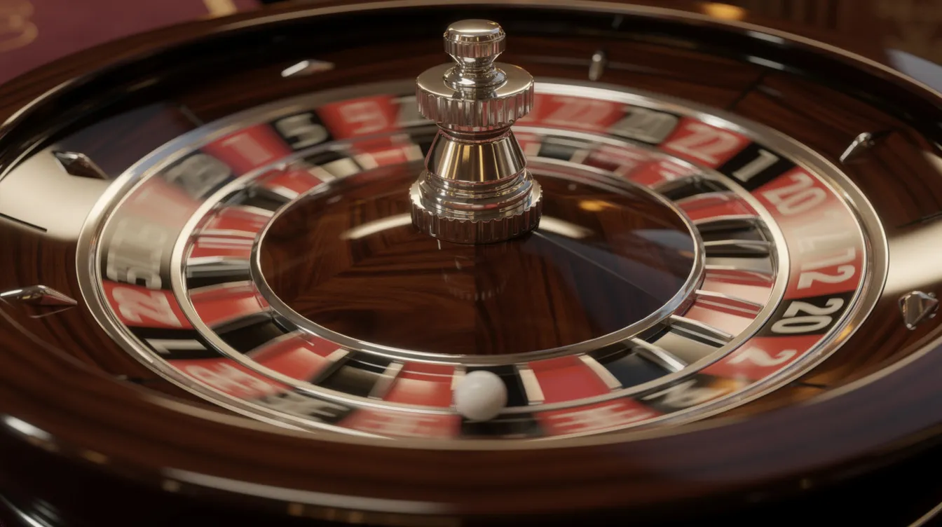 The image depicts a roulette wheel spinning rapidly, with a small white ball bouncing around the polished wooden surface, creating an exciting atmosphere reminiscent of non gamstop casinos. The dynamic motion of the wheel and ball symbolizes the thrill of casino games often found in online casinos and live dealer games.