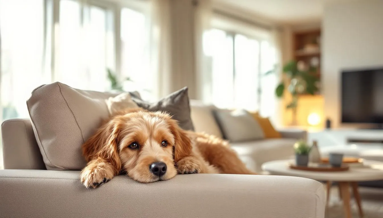 A miniature goldendoodle is lounging comfortably in a modern apartment living room, showcasing its friendly and affectionate nature while adapting well to smaller spaces. The cozy setting highlights the dog