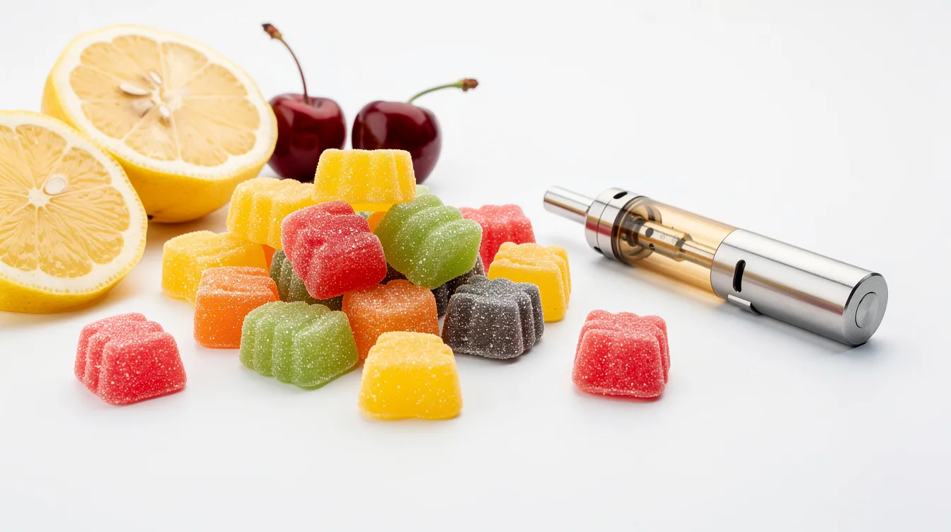 An assortment of colorful gummy candies, including sweet cherry and citrus flavors, is artistically arranged alongside a sleek vape cartridge on a clean white surface, with fresh lemon slices and cherries nearby, evoking the essence of lemon cherry gelato. This vibrant display hints at the enjoyable experience of consuming lemon cherry gelato, ideal for both casual users and experienced cannabis consumers.