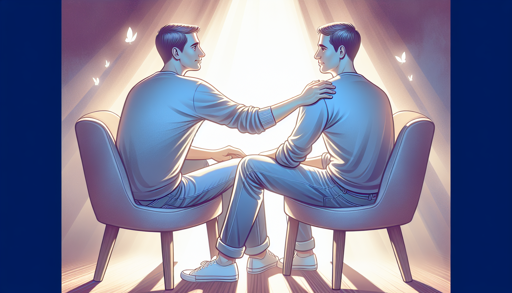 Illustration of a gay couple practicing self-compassion and positive self-talk