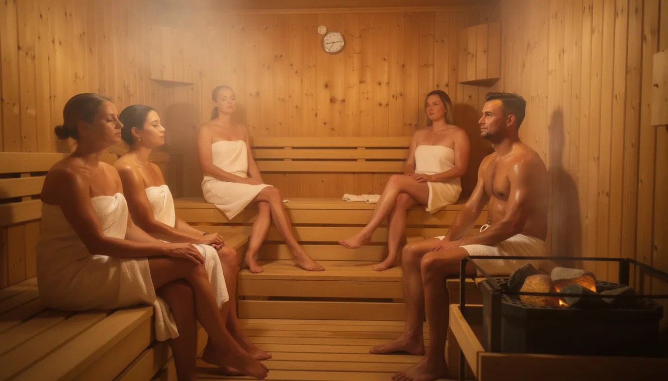 In a traditional wooden sauna, a group of people sits peacefully in silence, embracing the intense heat and promoting relaxation. This shared experience fosters a sense of community and connection, allowing for quiet moments that enhance overall well-being and mental clarity.