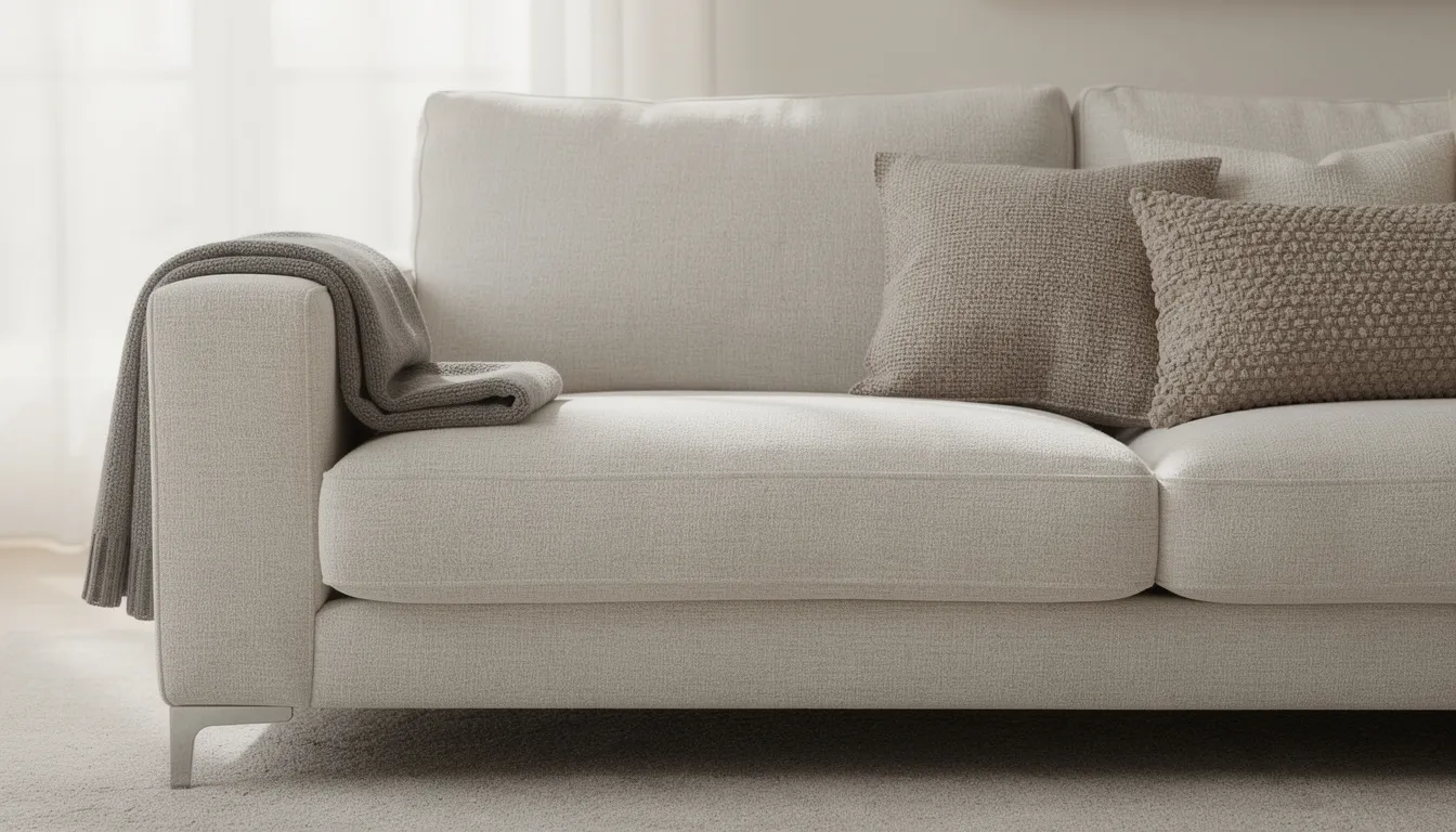 The image features a cream linen sofa adorned with two textured cushions and a folded throw blanket draped over the armrest, creating a minimalist living room that feels inviting and uncluttered. This arrangement emphasises clean lines and a neutral palette, enhancing the open feel of the living area while reducing visual clutter.