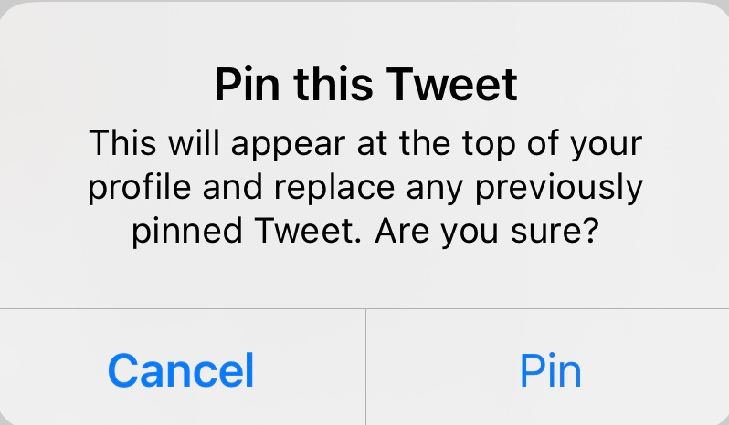 Screenshot of the process to pin a tweet on Twitter using iPhone