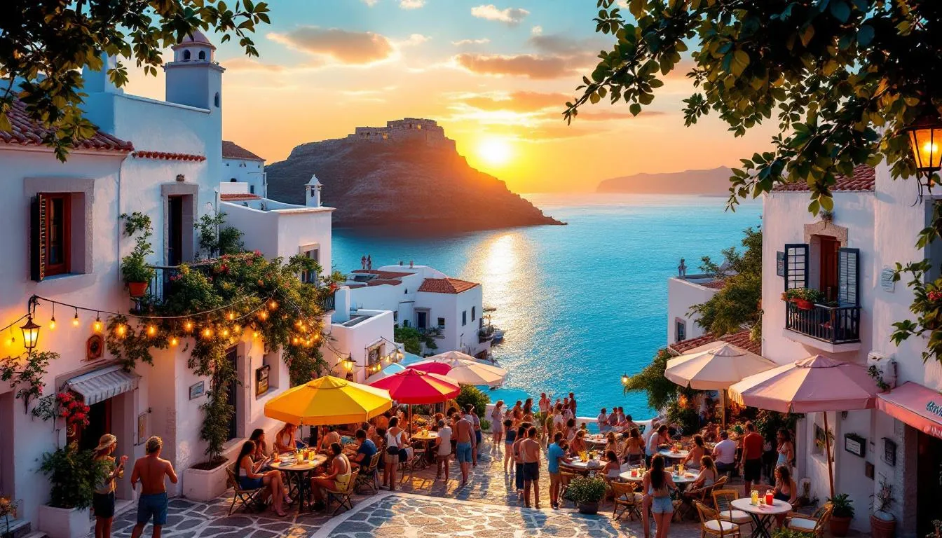 Życie nocne w Lindos z barami i turystami