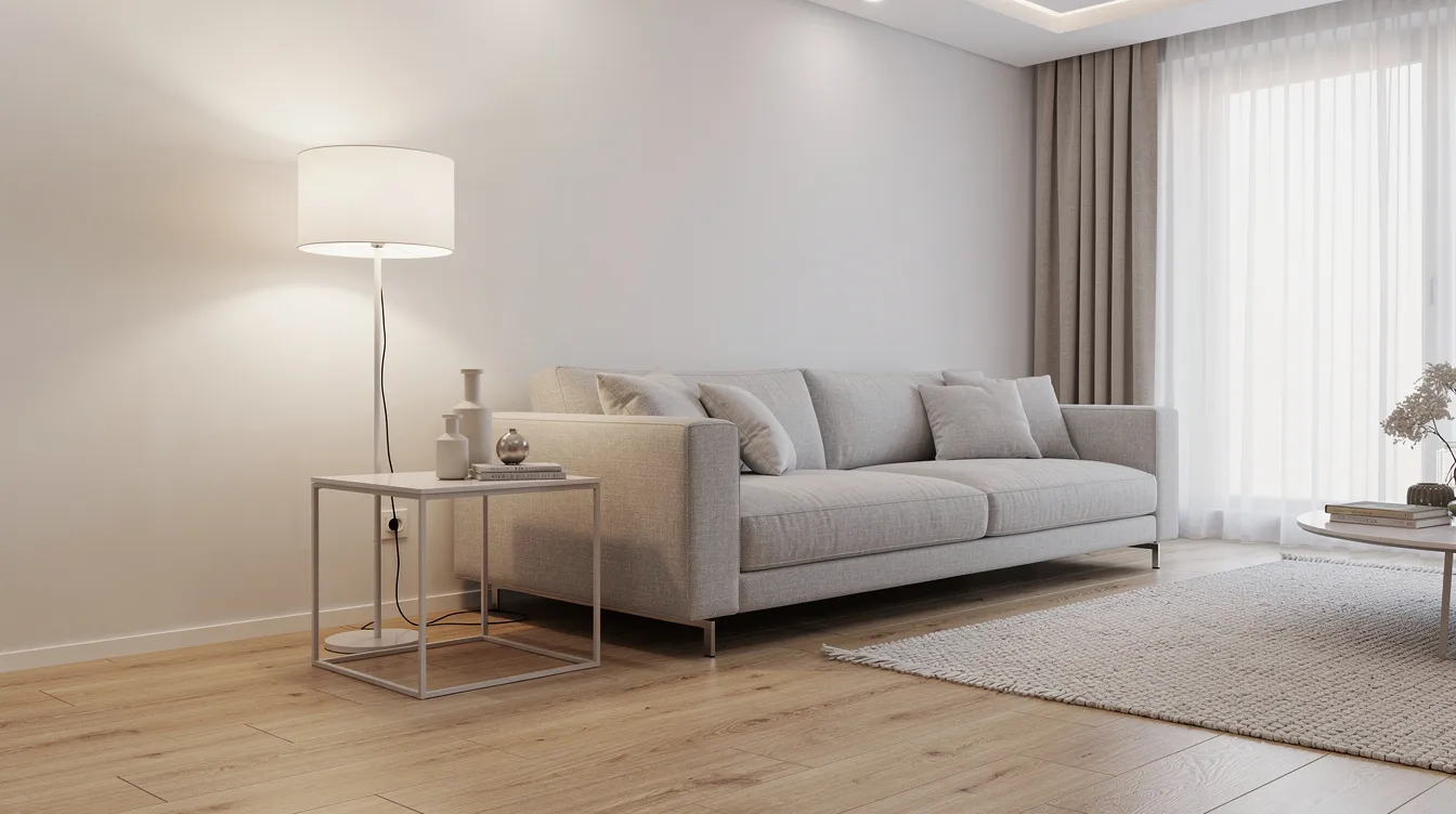 Een moderne woonkamer met een slanke bijzettafel naast een grijze bank, waar de houten vloer en zachte verlichting een gezellige sfeer creëren. Deze praktische tafel biedt extra stabiliteit en is ideaal voor het gebruik van een laptop, waardoor je overal comfortabel kunt werken.