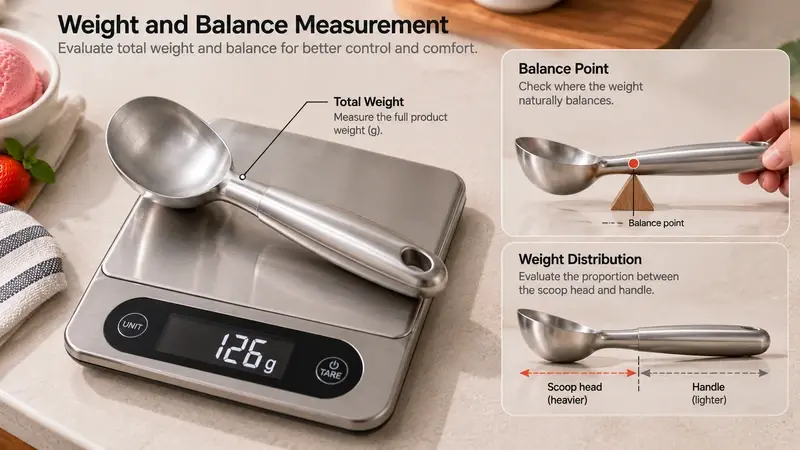 Ice cream scoop total weight and balance point measurement during sample evaluation