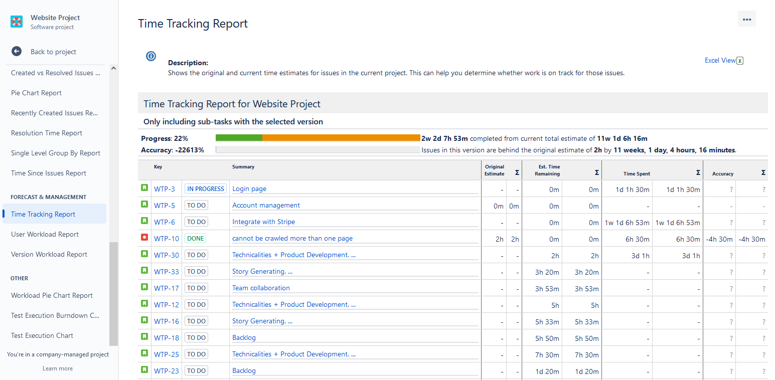 Time Tracking Report in Jira