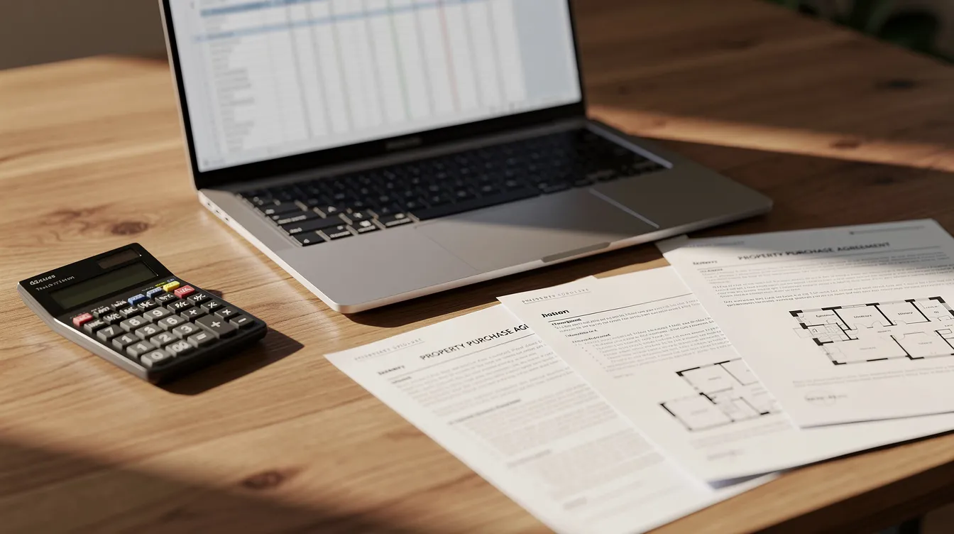 The image features a wooden desk cluttered with a calculator, a laptop, and various property documents, suggesting a focus on financial analysis related to rental properties. This setup is ideal for real estate investors in California assessing their property cash flow and rental income potential.