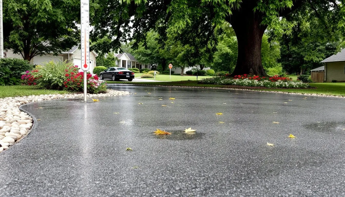 An illustration showing environmental factors affecting resin bonded driveways, including rain and high temperatures.