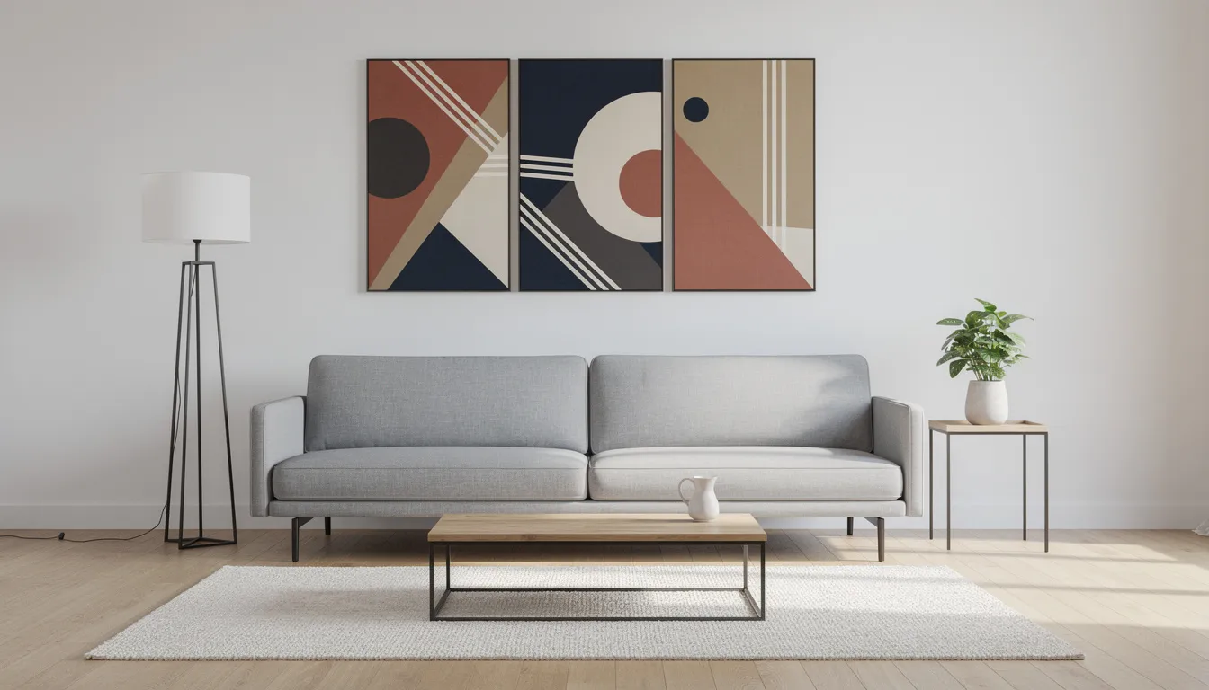 Ett modernt vardagsrum har överdimensionerad väggkonst i en geometrisk triptyk ovanför en modern soffa, vilket skapar ett djärvt statement som förstärker rummet med livfulla färger och rena linjer. Detta konstverk fungerar som en blickfångare, speglar personlig stil och tillför djup till rummet.