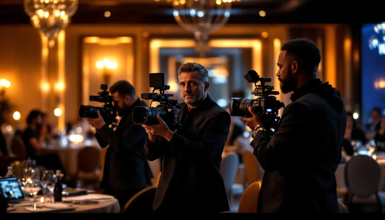 Professional photographers setting up for a corporate event.