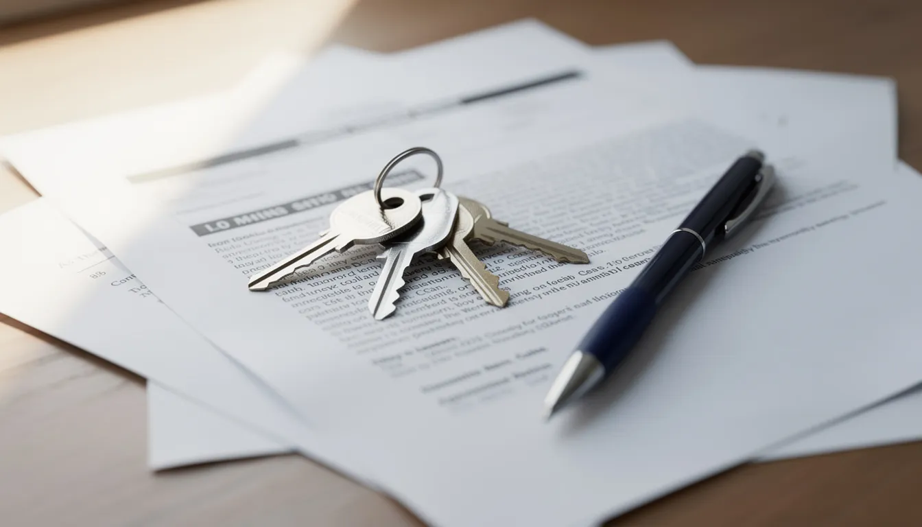 Na dokumentach obok długopisu leżą klucze do mieszkania, co sugeruje temat związany z obrotem nieruchomościami. Tego rodzaju sytuacja często występuje w biurach nieruchomości, gdzie finalizowane są transakcje związane z wynajmem lub sprzedażą mieszkań.