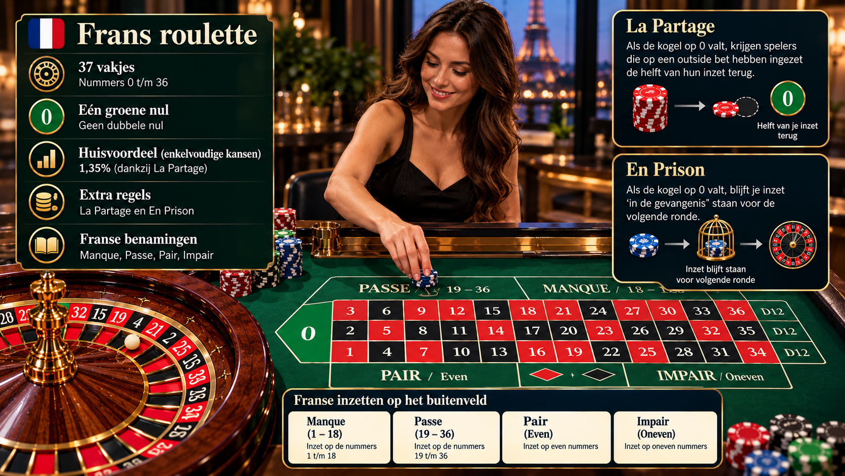Frans live roulette met La Partage, En Prison en Franse inzetbenamingen.