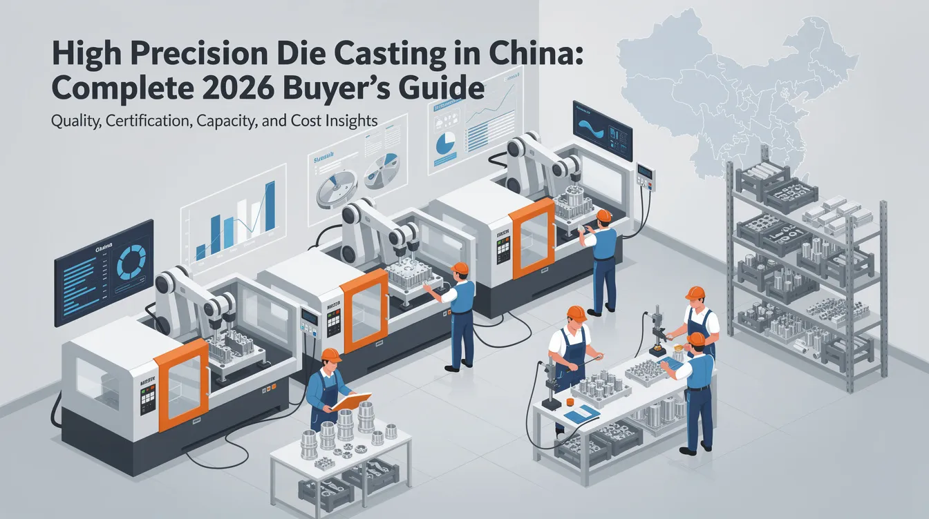 The image depicts a comprehensive guide titled "High Precision Die Casting Suppliers in China: Complete 2026 Buyer's Guide," featuring various die casting processes and advanced die casting machines used in the aluminum die casting industry. It highlights the importance of precision machining and quality control in the production of die casting parts, catering to demanding industries such as automotive components.