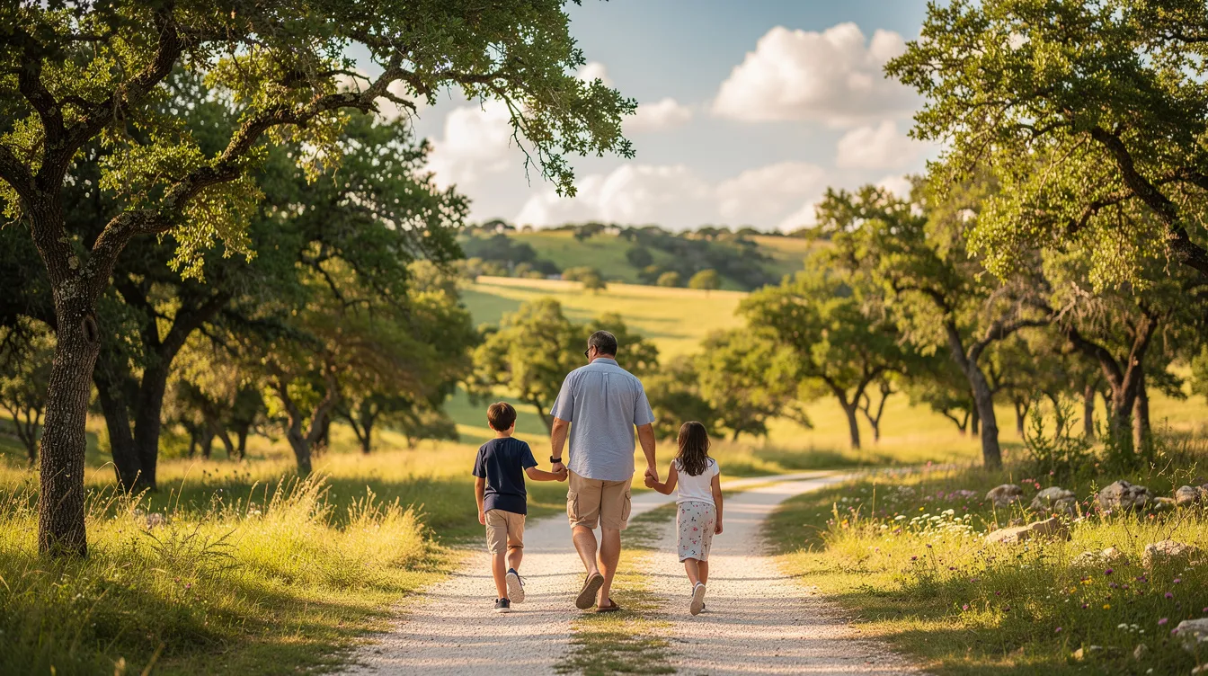 A family of four is walking together along a tree-lined path in the Texas Hill Country, with lush, rolling green hills in the background. This scene captures the essence of everyday life and the importance of support from loved ones as they enjoy time together in a peaceful outdoor setting.
