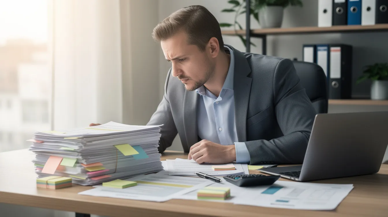 The image shows a business owner at a desk, carefully reviewing a stack of contracts and financial documents, reflecting the complexities of business litigation. This scene highlights the importance of understanding contractual obligations and navigating potential legal disputes in order to protect the company's operations.
