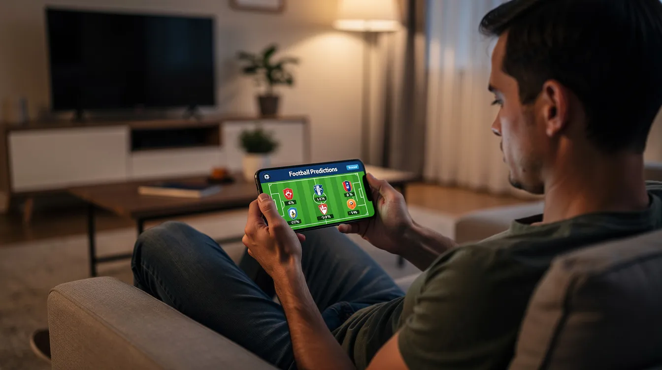 A person is sitting in a cozy living room, intently looking at a football prediction app on their smartphone, which displays various team statistics and predictions for upcoming games in the league. The app offers users a chance to compete for cash prizes and provides feedback on their predictions for the season.