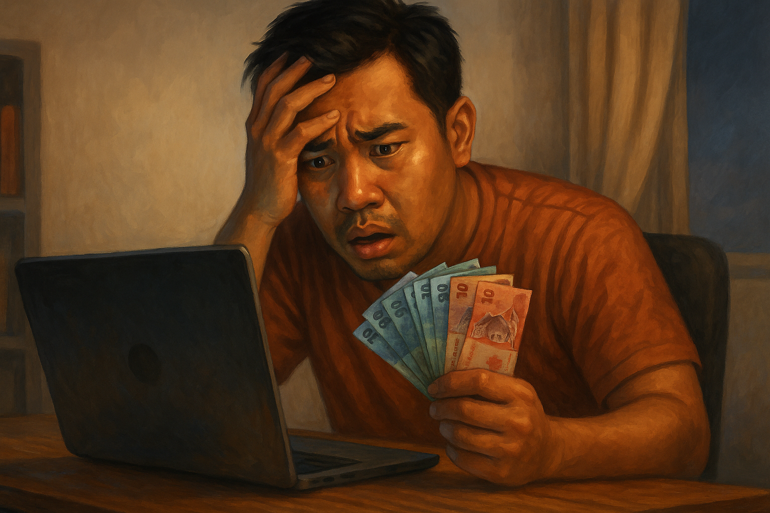 A digital painting in a semi-realistic style depicts a Malaysian man in a dimly lit room, staring anxiously at his laptop while holding a stack of ringgit notes, symbolizing the stress of encountering a withdrawal trap in online betting platforms like InsightsBet.