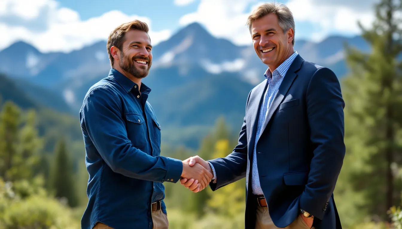 In this image, a grateful injured worker shakes hands with their workers compensation attorney against a scenic Colorado backdrop, symbolizing the successful navigation of their workers comp claim. The handshake represents the client's appreciation for the legal representation that made the workers compensation process easier and more accessible.