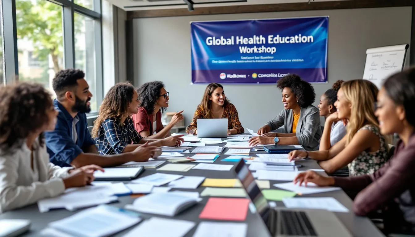 A diverse group of health educators from various countries collaborates in an international workshop, developing educational materials focused on health promotion and disease prevention. This gathering emphasizes the importance of global health education strategies to enhance mental and physical health outcomes in communities and schools.