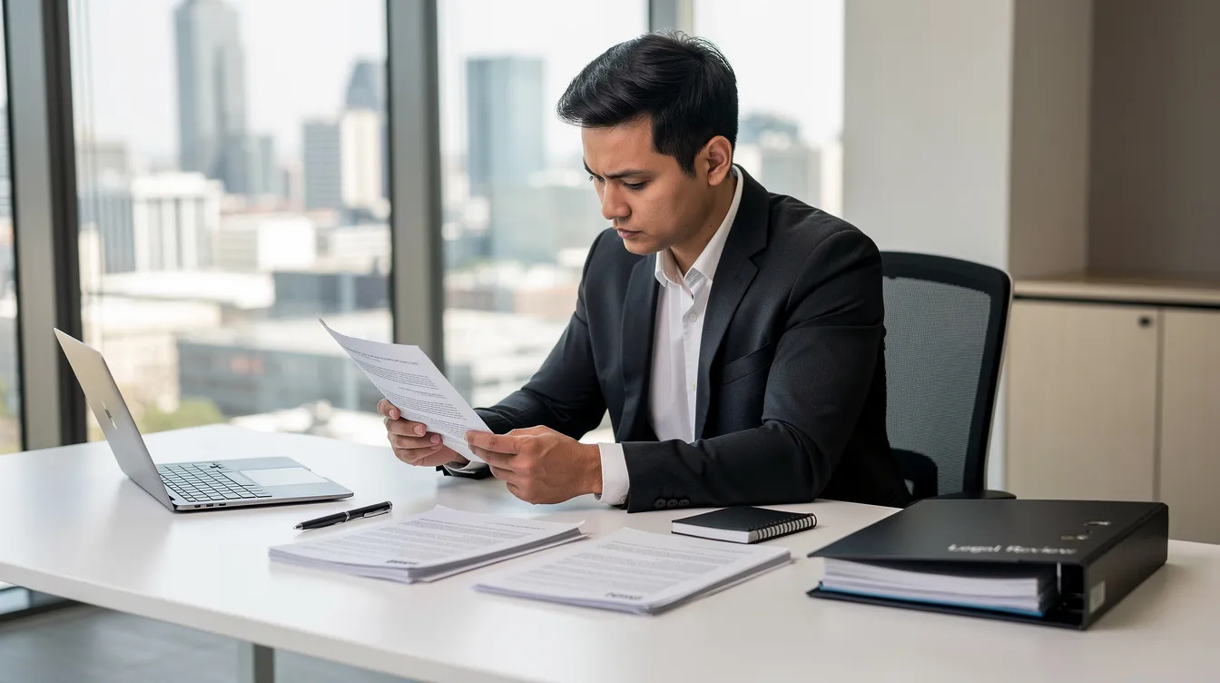 A person is intently reading legal documents at a clean, modern office desk, surrounded by organized papers and a laptop. The scene conveys a sense of professionalism and focus, possibly related to a loan application or financial agreement, reflecting the importance of understanding terms like "私人 貸款" and "實際 年 利率."