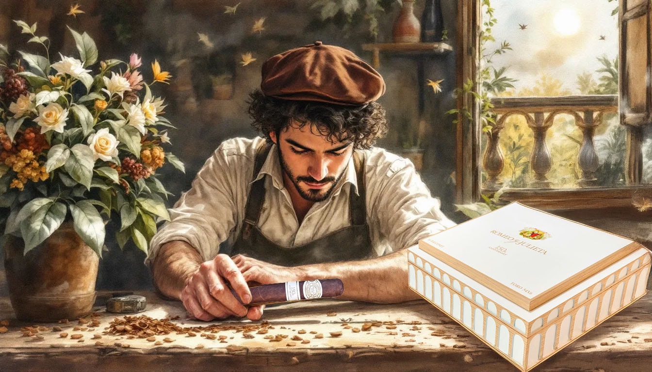 A close-up of the craftsmanship involved in creating Romeo y Julieta cigars, with tools and tobacco leaves in the background.