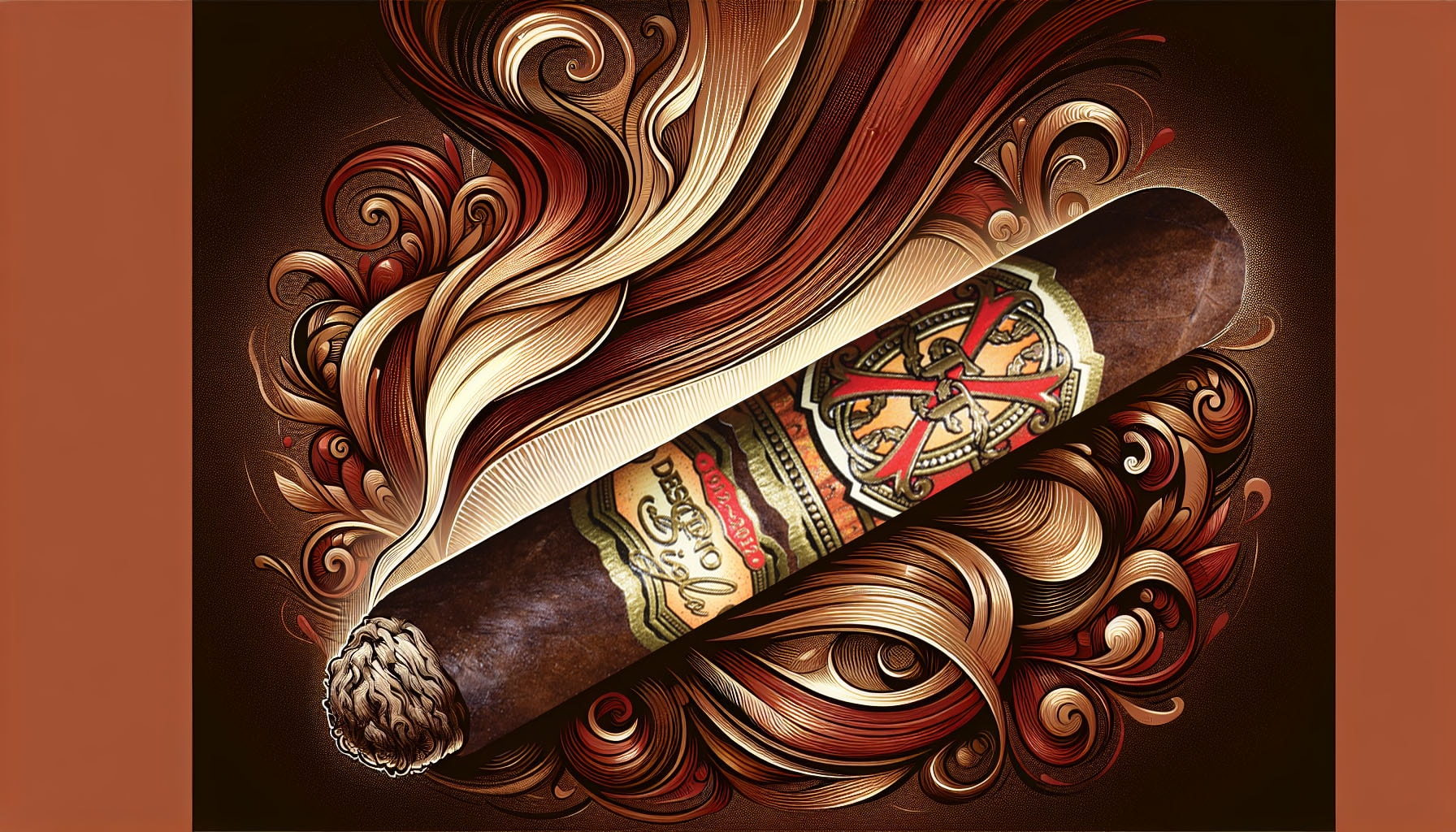 An artistic representation of a robust Arturo Fuente Opus X Rosado Oro Oscuro cigar with a full-bodied flavor profile.