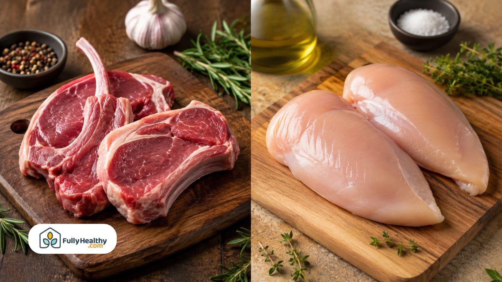 Side-by-side comparison of raw lamb chops and chicken breasts on wooden cutting boards with fresh herbs, garlic, and seasonings.