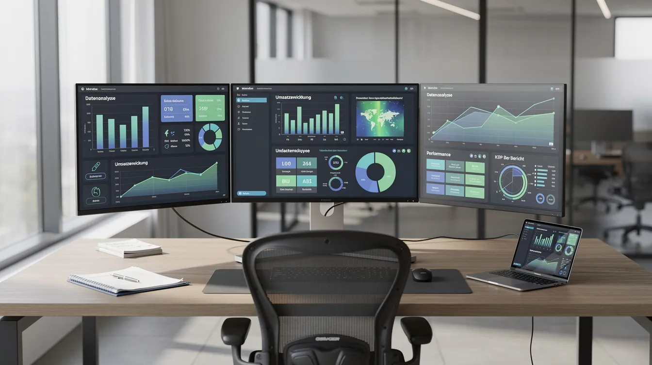 Das Bild zeigt einen modernen Arbeitsplatz mit mehreren Bildschirmen, die verschiedene Datenanalysen und Grafiken präsentieren. Die Bildschirme bieten Einblicke in SEO-Tools und Marketingstrategien, die für Unternehmen wichtig sind, um ihre Sichtbarkeit und Rankings zu optimieren.