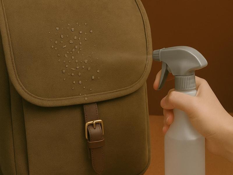 A picture of a brown canvas backpack being sprayed with water from a grey spray bottle. Water droplets bead up on the surface of the backpack, showing that it has been treated for water resistance. A hand is holding the spray bottle, showing the waterproofing process.