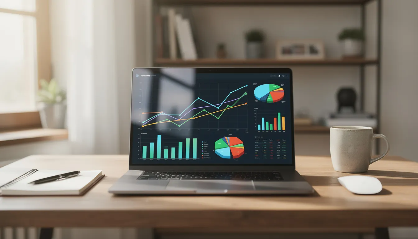 The image shows a modern laptop screen filled with colorful financial charts and graphs, set in a cozy home office environment. This visual representation highlights important aspects of retirement planning, including retirement savings and investment choices, helping individuals make informed decisions about their future finances.