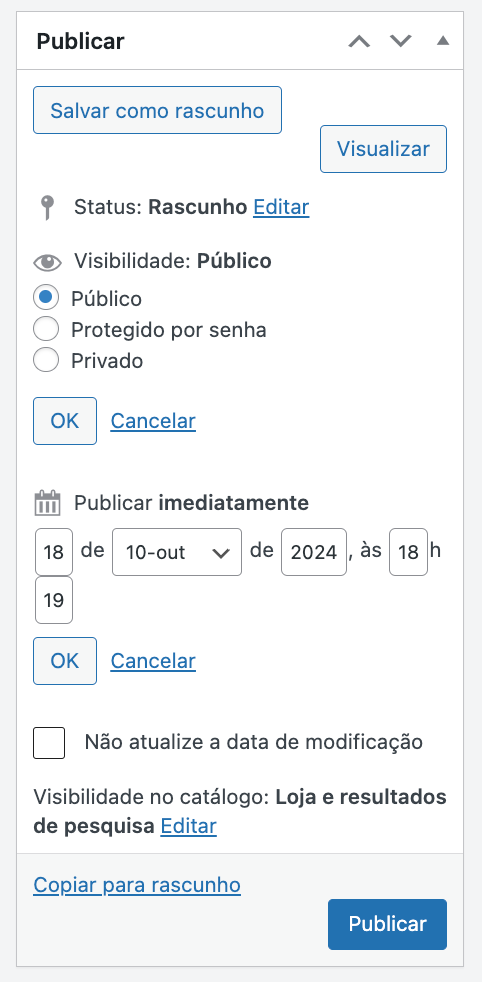 Configurações de publicação no WooCommerce