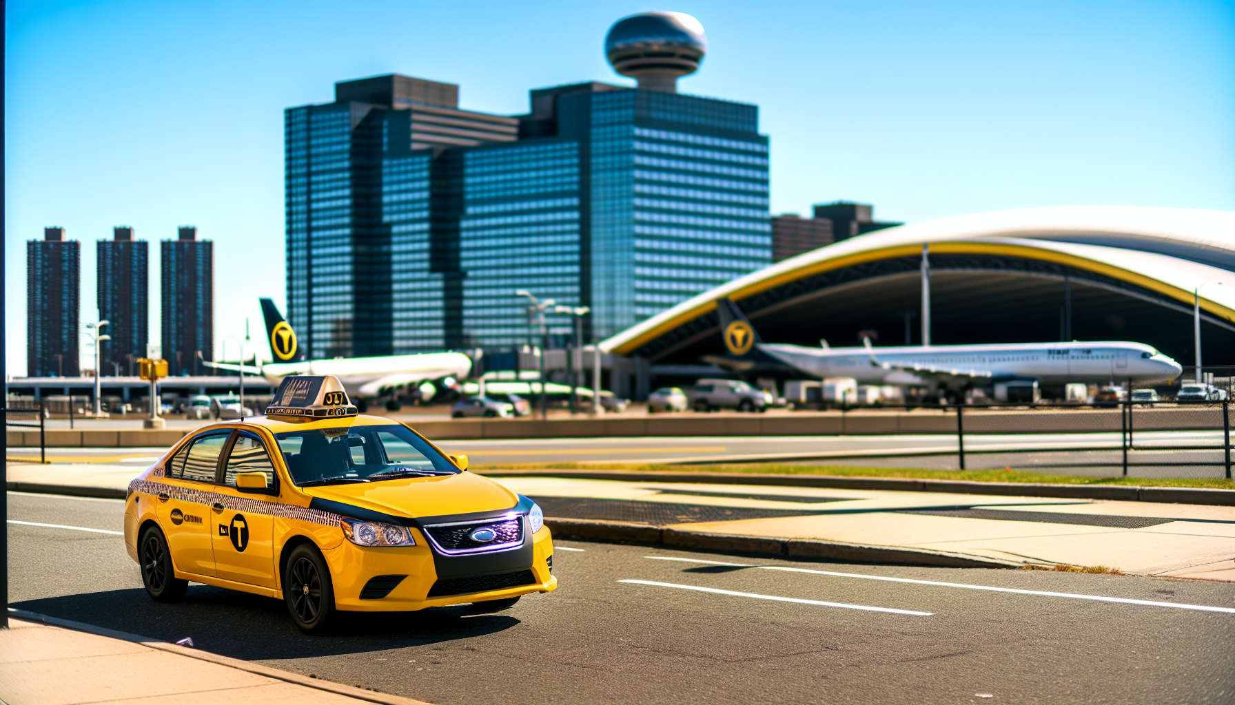 Yellow taxi with Newark Airport in the background