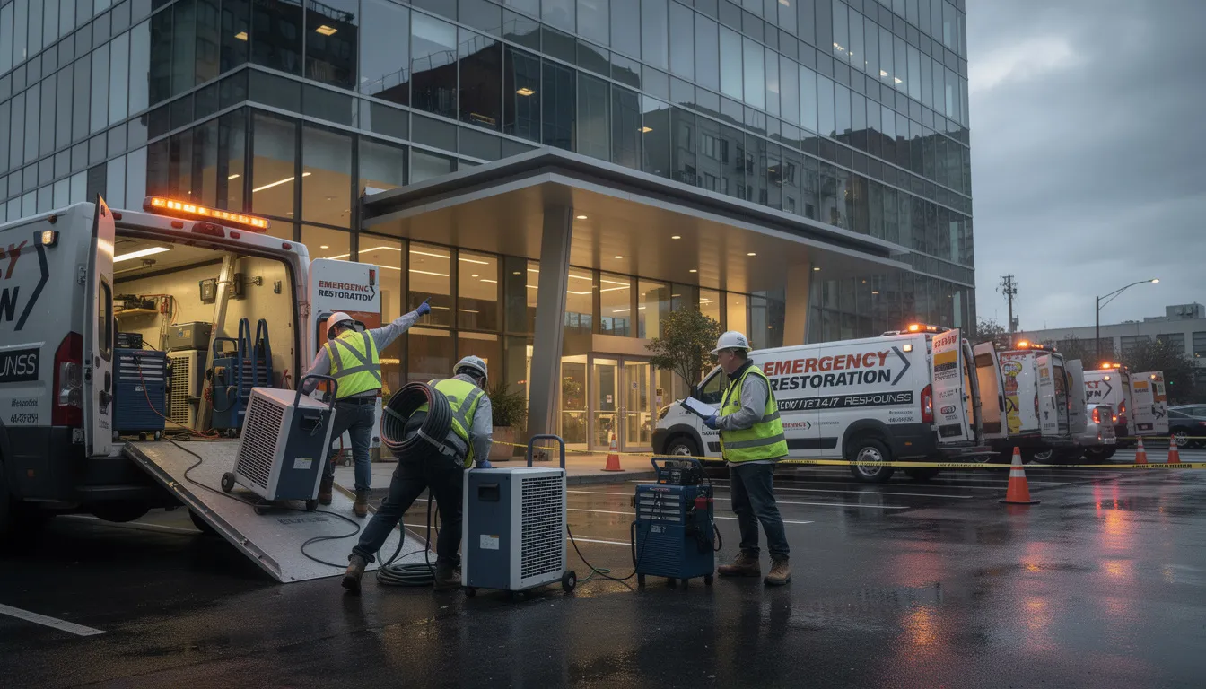 An emergency restoration crew is arriving at a large commercial building, equipped with vehicles and tools to address potential fire damage and water damage restoration needs. The team is prepared to provide tailored property restoration services to mitigate further damage and restore the affected areas efficiently.