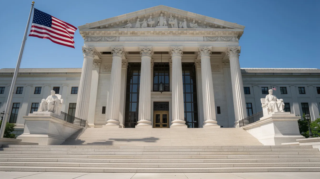 The image depicts a grand courthouse building featuring tall stone columns and an American flag waving in front. This structure serves as a symbol of law and order, reflecting the importance of regulations such as West Virginia's gun laws and the rights surrounding firearms.