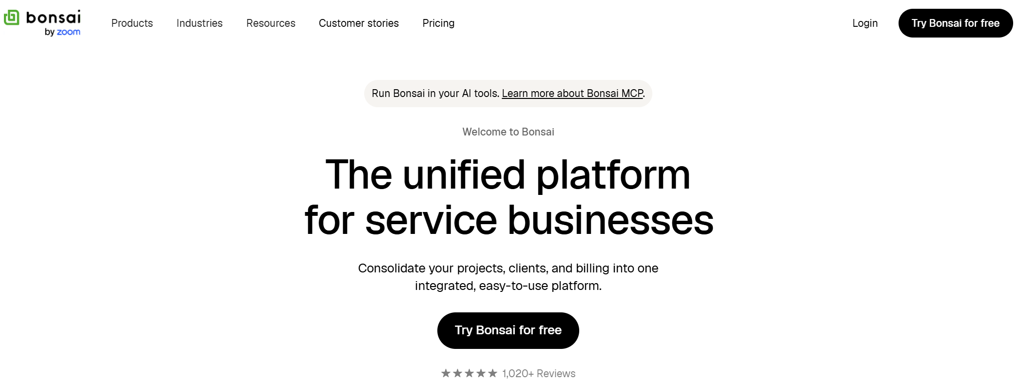Bonsai by Zoom homepage presenting a unified platform for service businesses to manage projects, clients, and billing, with a free trial option.
