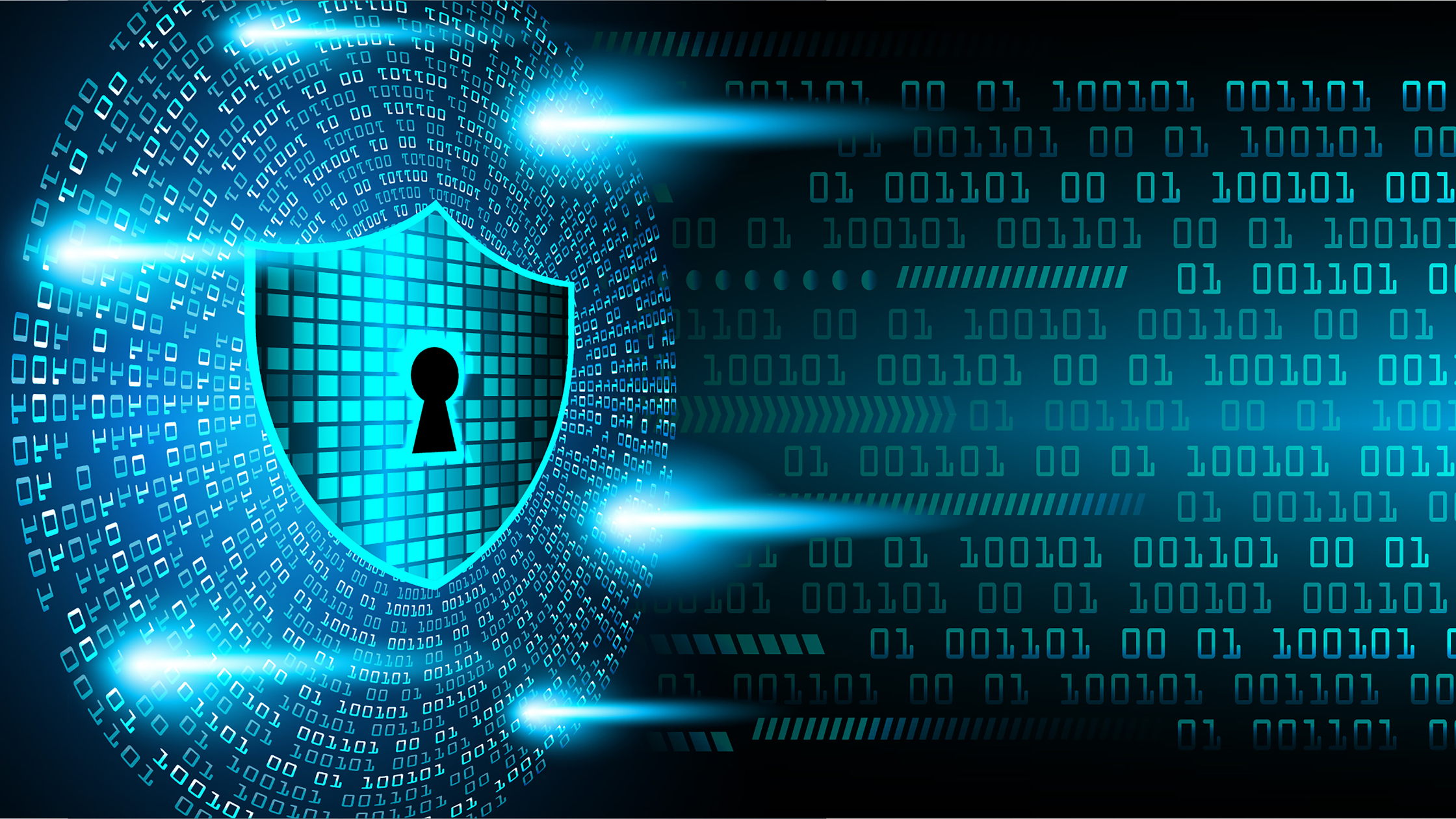 A glowing shield icon surrounded by binary code and light streams, symbolizing cybersecurity and data protection.