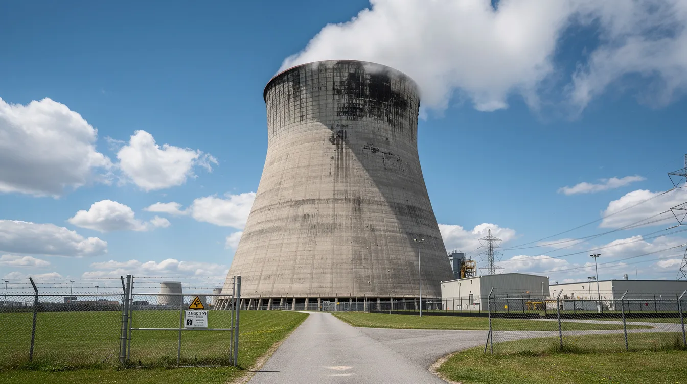 The image depicts a realistic cooling tower, showcasing its large structure with a prominent water basin at the base. The cooling tower is designed to efficiently lower water temperatures through an evaporation process, emphasizing its role in managing heat load and ensuring optimal tower performance under various ambient conditions.